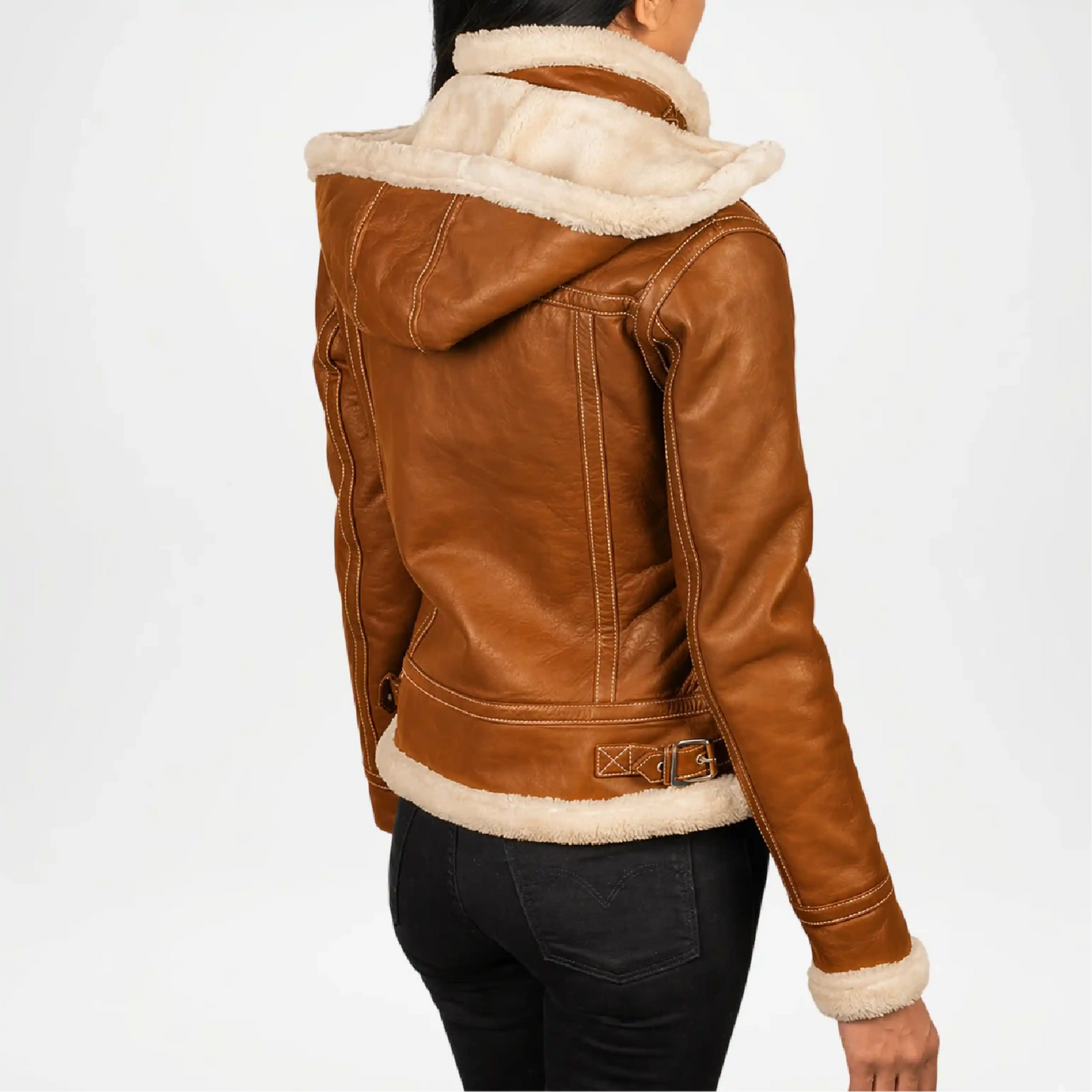 Brown leather jacket with white fur lining on a plain background
