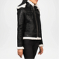 Black leather jacket with white fur trim