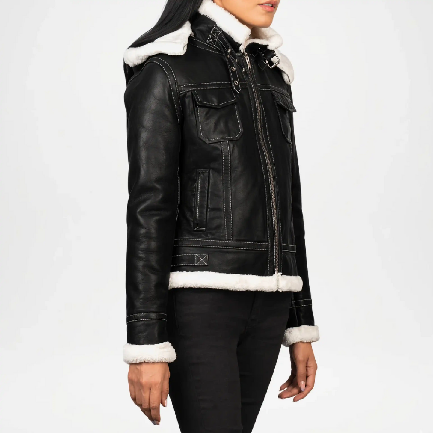 Black leather jacket with white fur trim