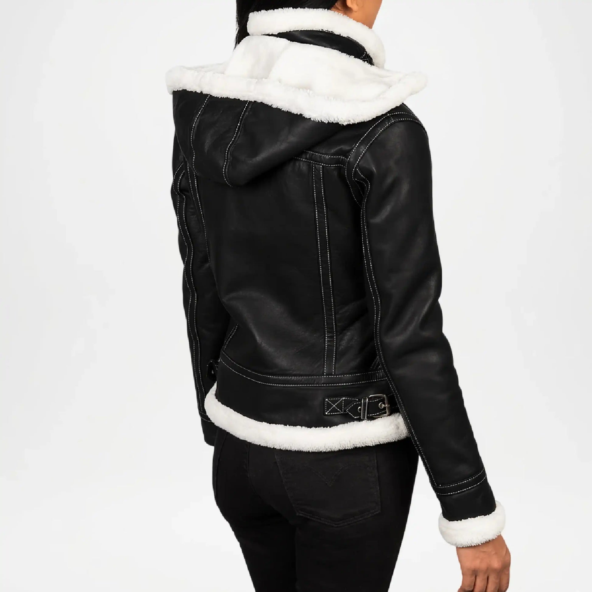 Black Shearling Hooded Leather Jacket 
