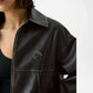 Black leather jacket with a brand logo on a white background
