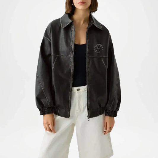 womens black leather bomber jacket flair style