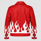 Red faux leather biker jacket shown from the back, featuring a bold white flame graphic pattern across the lower back and sleeves, with silver zipper details on the cuffs.