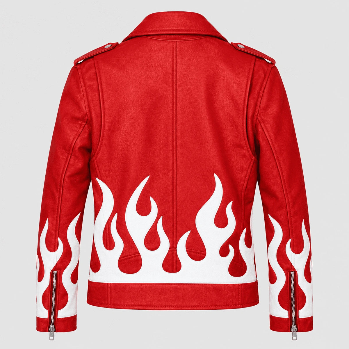 Red faux leather biker jacket shown from the back, featuring a bold white flame graphic pattern across the lower back and sleeves, with silver zipper details on the cuffs.