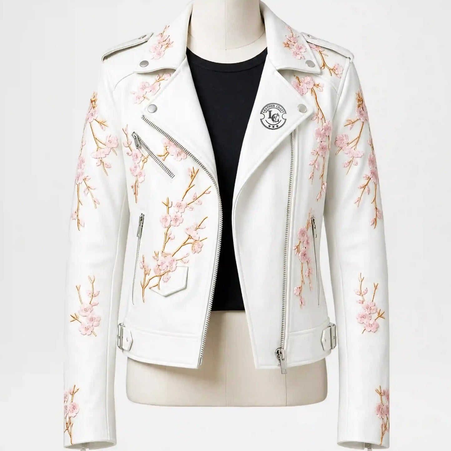 Floral White Leather Biker Jacket for Women