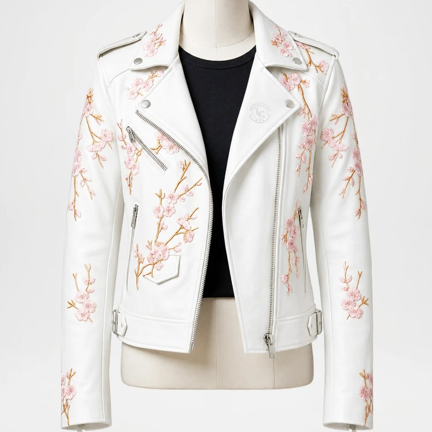 Floral White Leather Biker Jacket for Women