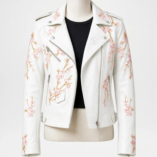 Floral White Leather Biker Jacket for Women