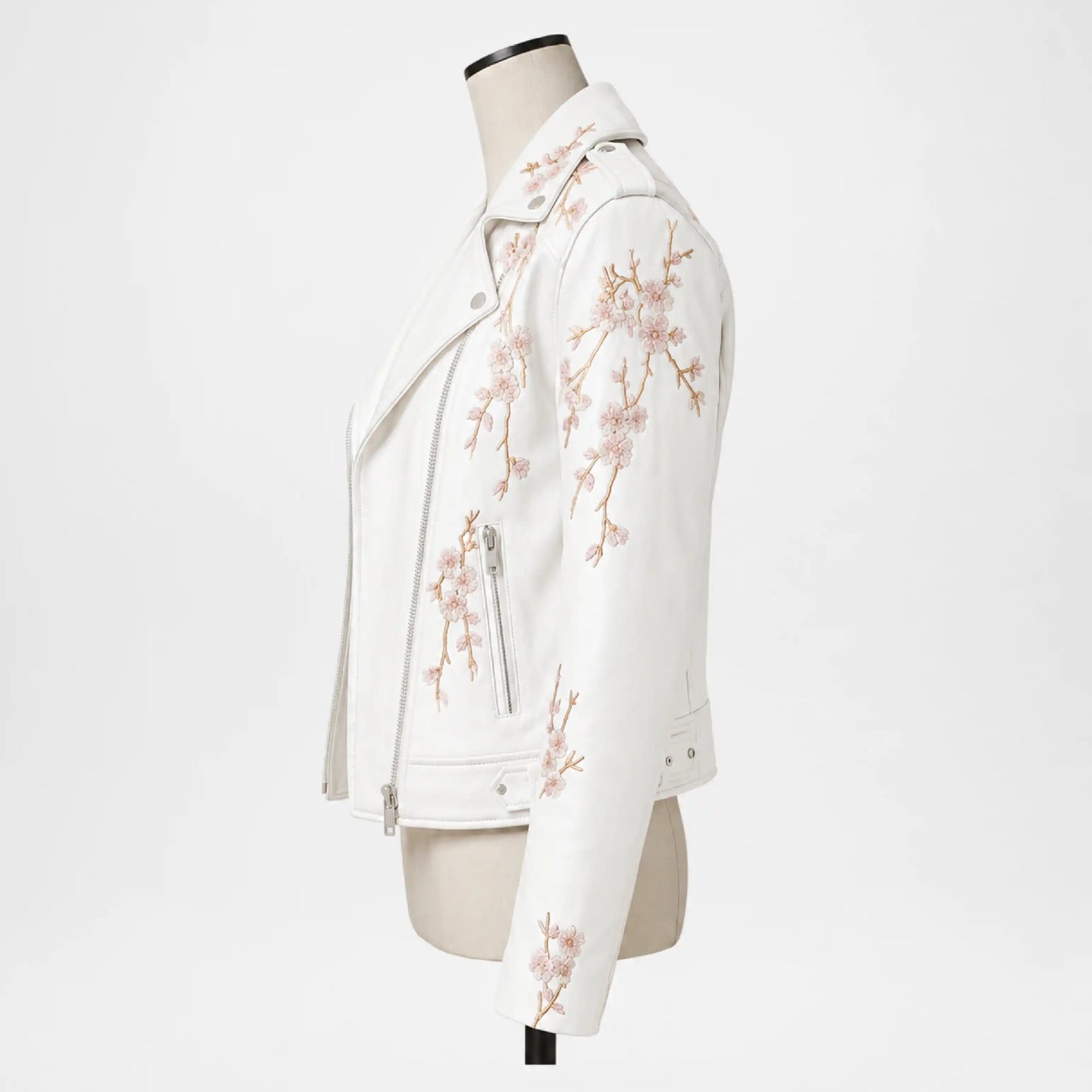 Floral White Leather Biker Jacket for Women