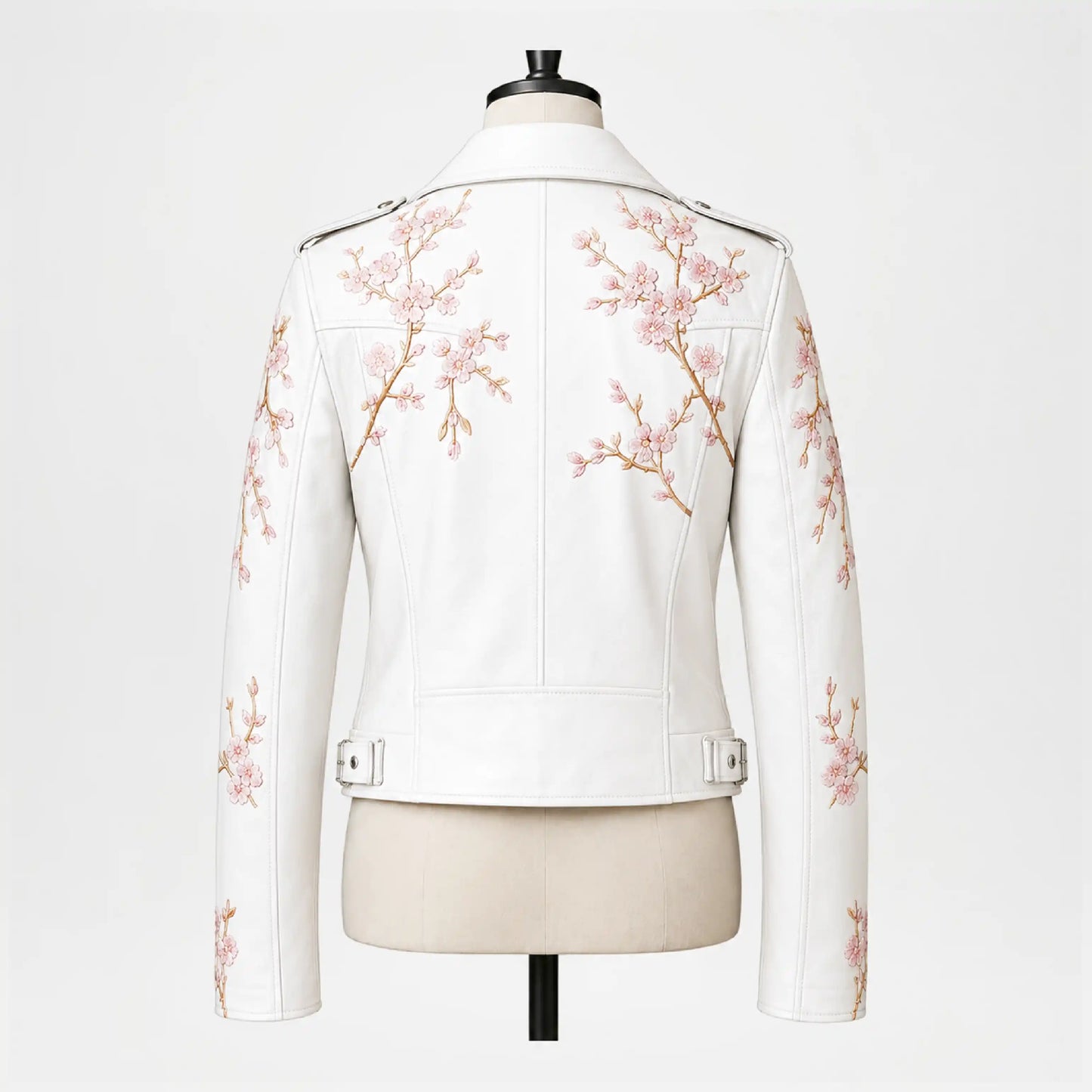 Floral White Leather Biker Jacket for Women