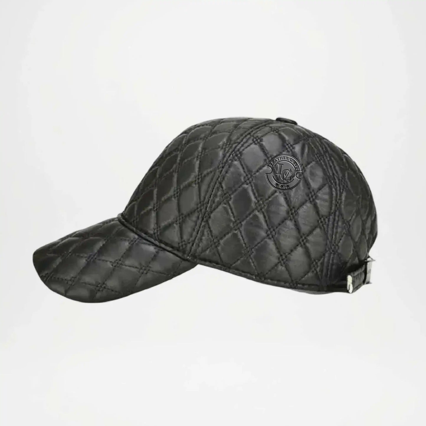 Black cap with decorative elements on a white background