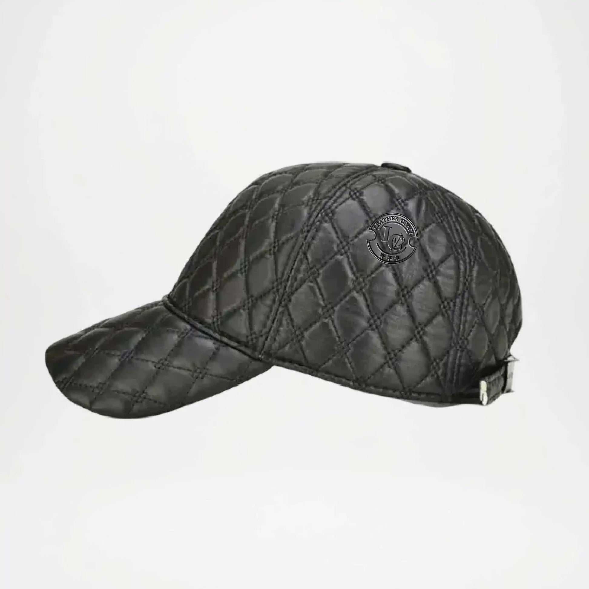 Black cap with decorative elements on a white background