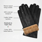 Black leather gloves with fur cuff and interior, labeled features