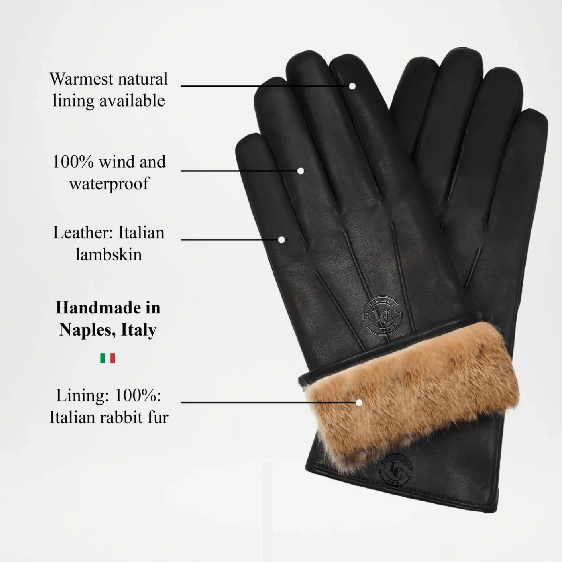 Black leather gloves with fur cuff and interior, labeled features