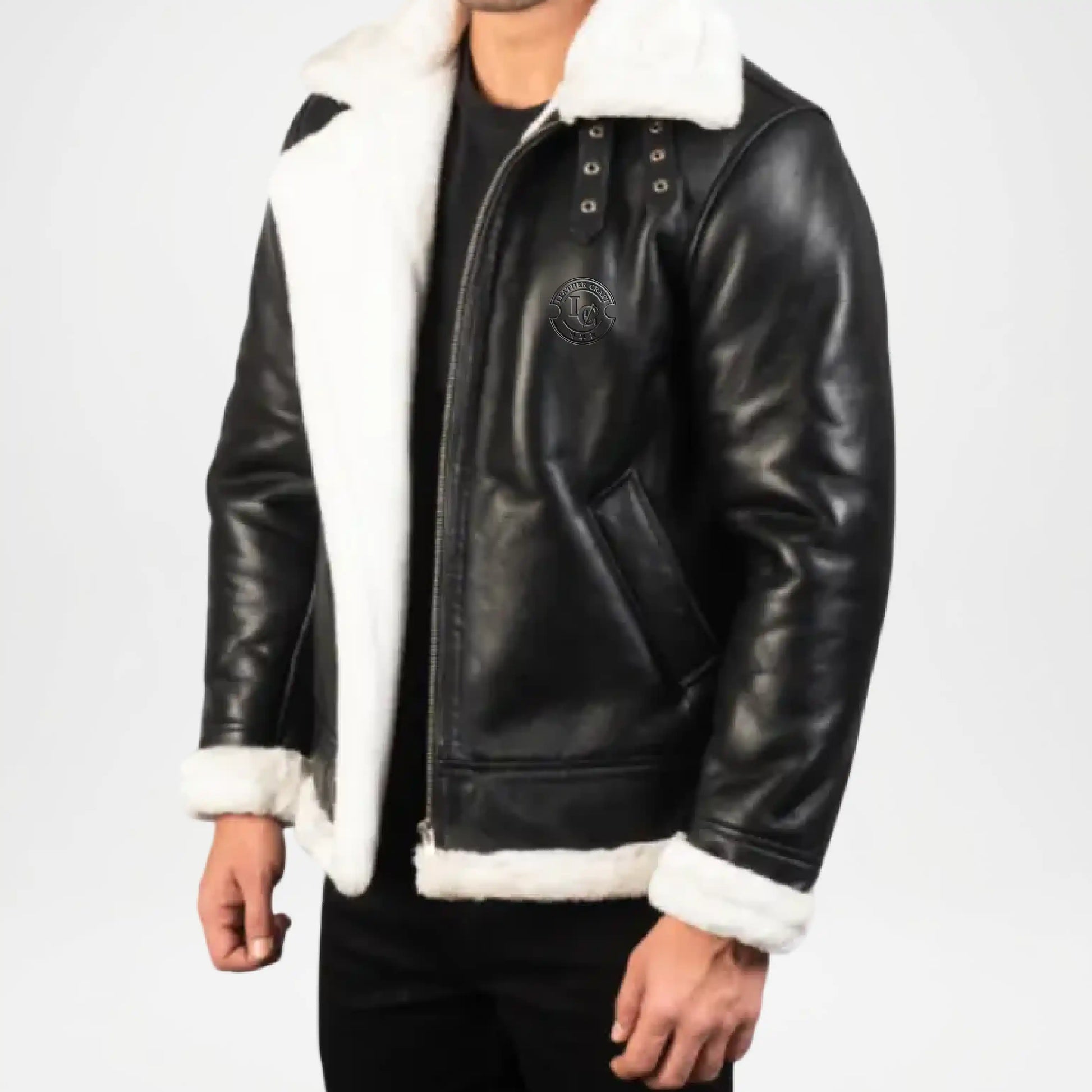 black leather shearling bomber jacket