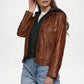 tan leather jacket women classic fit
