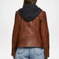 womens tan biker leather jacket with hood