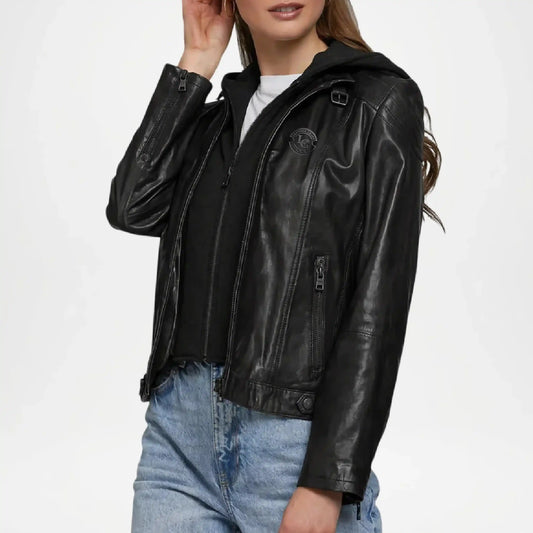 black minimalist leather jacket women
