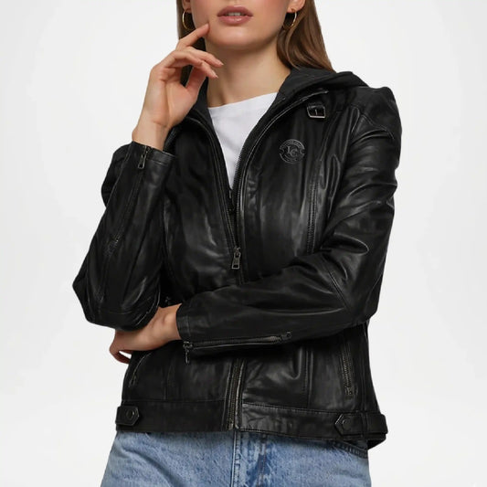 womens black leather jacket frost classic fit