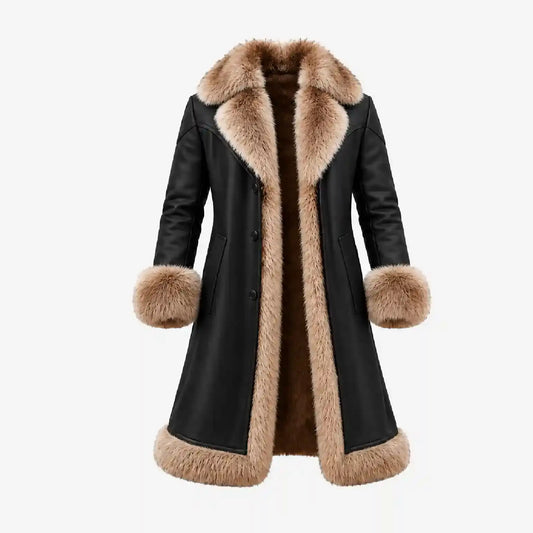 A mid-length black faux-leather coat with plush tan and brown fur trim on the collar, front opening, cuffs, and hem, shown on a plain light gray background.