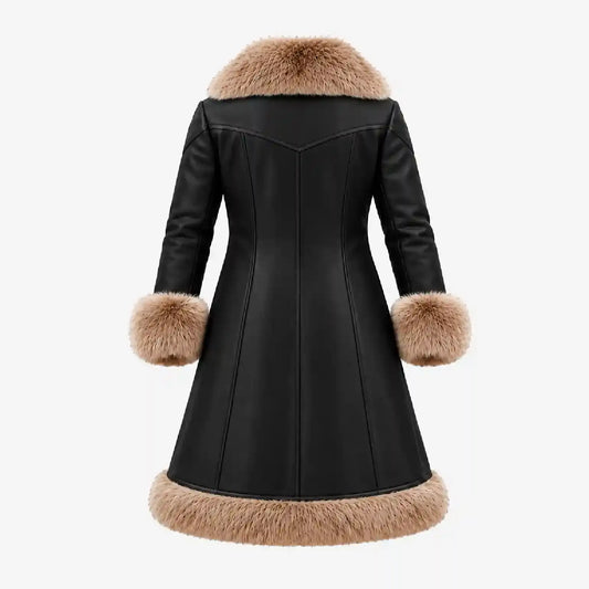 A black faux-leather coat with light brown fur trim on the collar, cuffs, and hem, shown from the back against a light gray background.