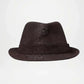 Brown fedora hat with a logo on a white background