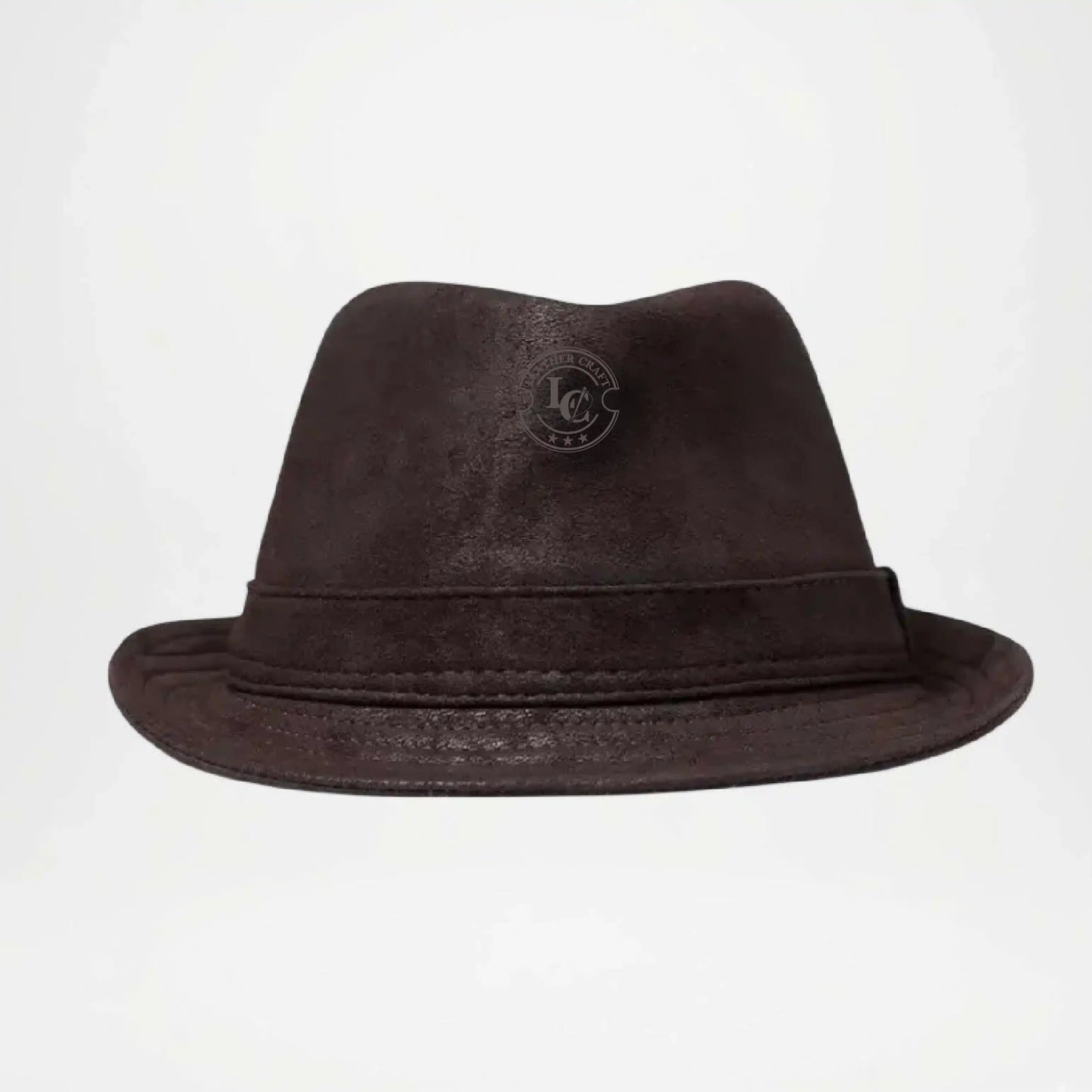 Brown fedora hat with a logo on a white background
