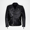 A black leather motorcycle jacket with silver metal hardware, featuring a pointed collar, asymmetrical zipper, multiple zippered pockets, and spikes on the shoulders and hem, shown against a plain white background.