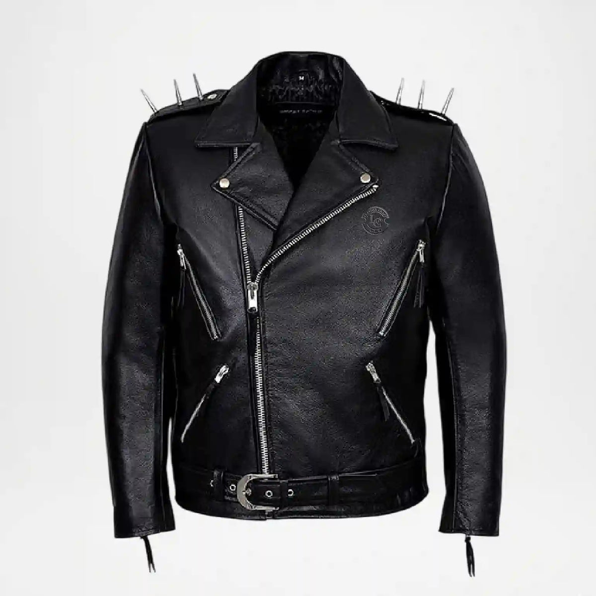 A black leather motorcycle jacket with silver metal hardware, featuring a pointed collar, asymmetrical zipper, multiple zippered pockets, and spikes on the shoulders and hem, shown against a plain white background.