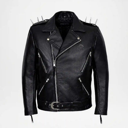 A black leather motorcycle jacket with silver metal hardware, featuring a pointed collar, asymmetrical zipper, multiple zippered pockets, and spikes on the shoulders and hem, shown against a plain white background.