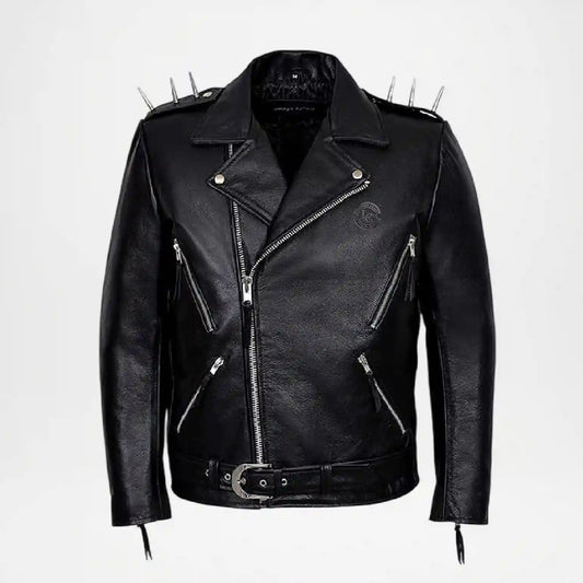 A black leather motorcycle jacket with silver metal hardware, featuring a pointed collar, asymmetrical zipper, multiple zippered pockets, and spikes on the shoulders and hem, shown against a plain white background.