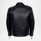 Black leather jacket with metal spikes along the shoulders, shown from the back on a white background.