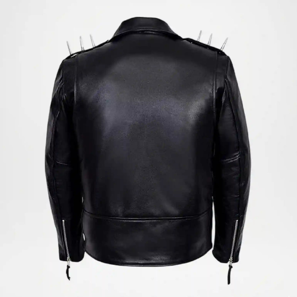 Black leather jacket with metal spikes along the shoulders, shown from the back on a white background.