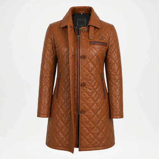 Brown Leather Car Coat for Women
