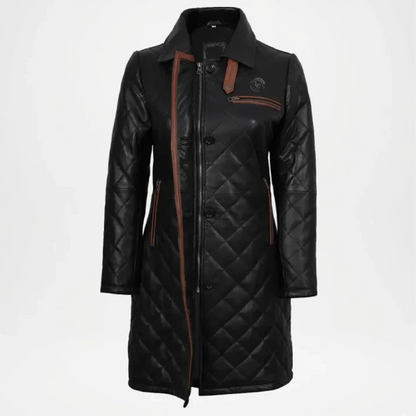 Glen Quilted Black Leather Car Coat for Women
