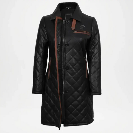 Glen Quilted Black Leather Car Coat for Women
