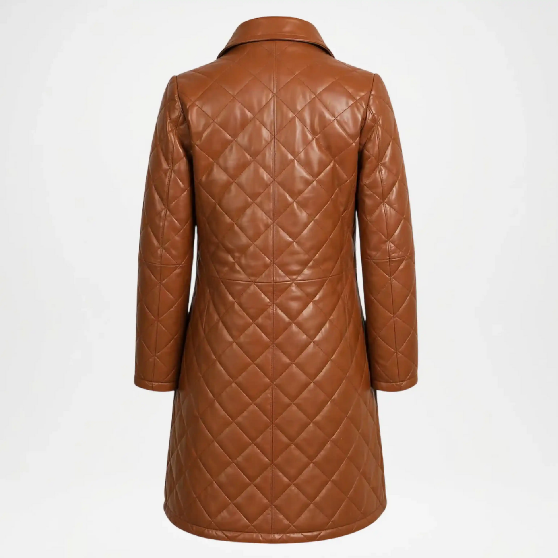 Brown quilted coat on a white background with back view