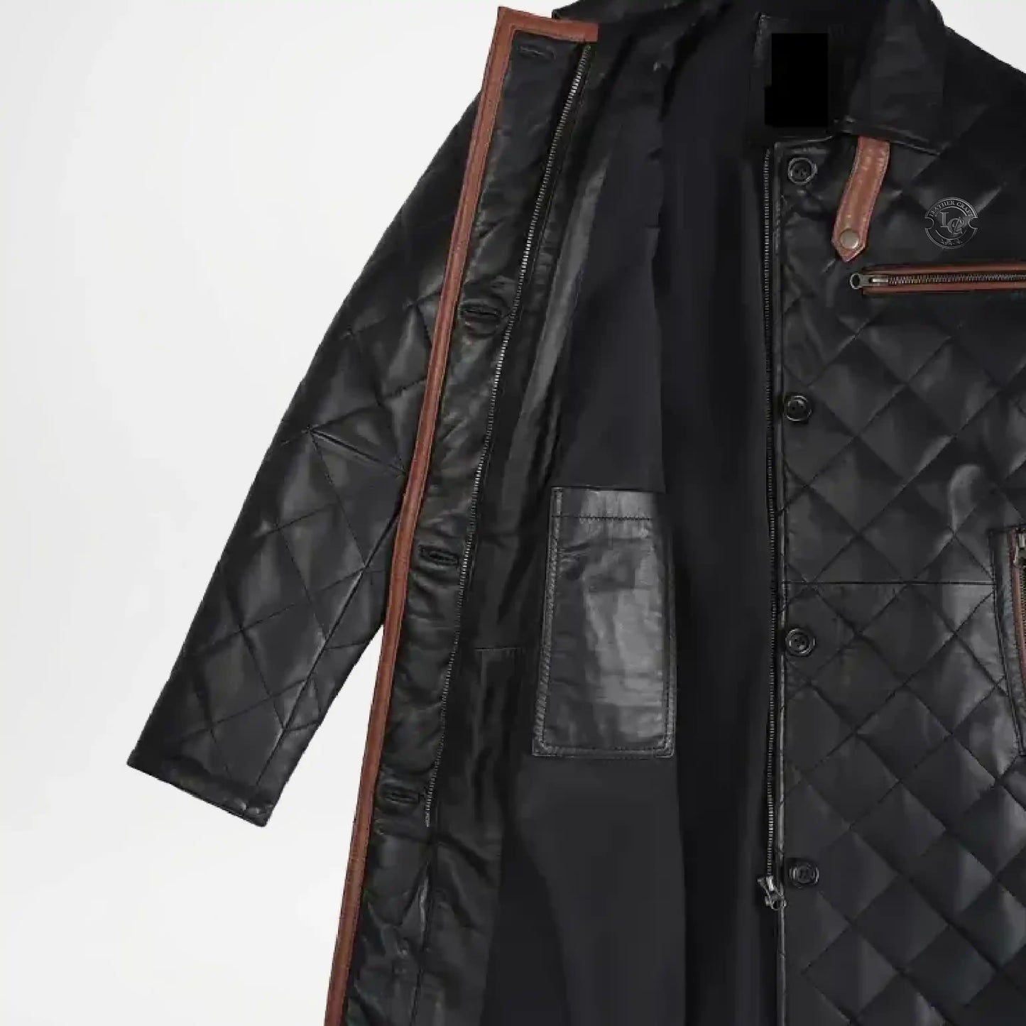 Black quilted coat with brown leather accents 