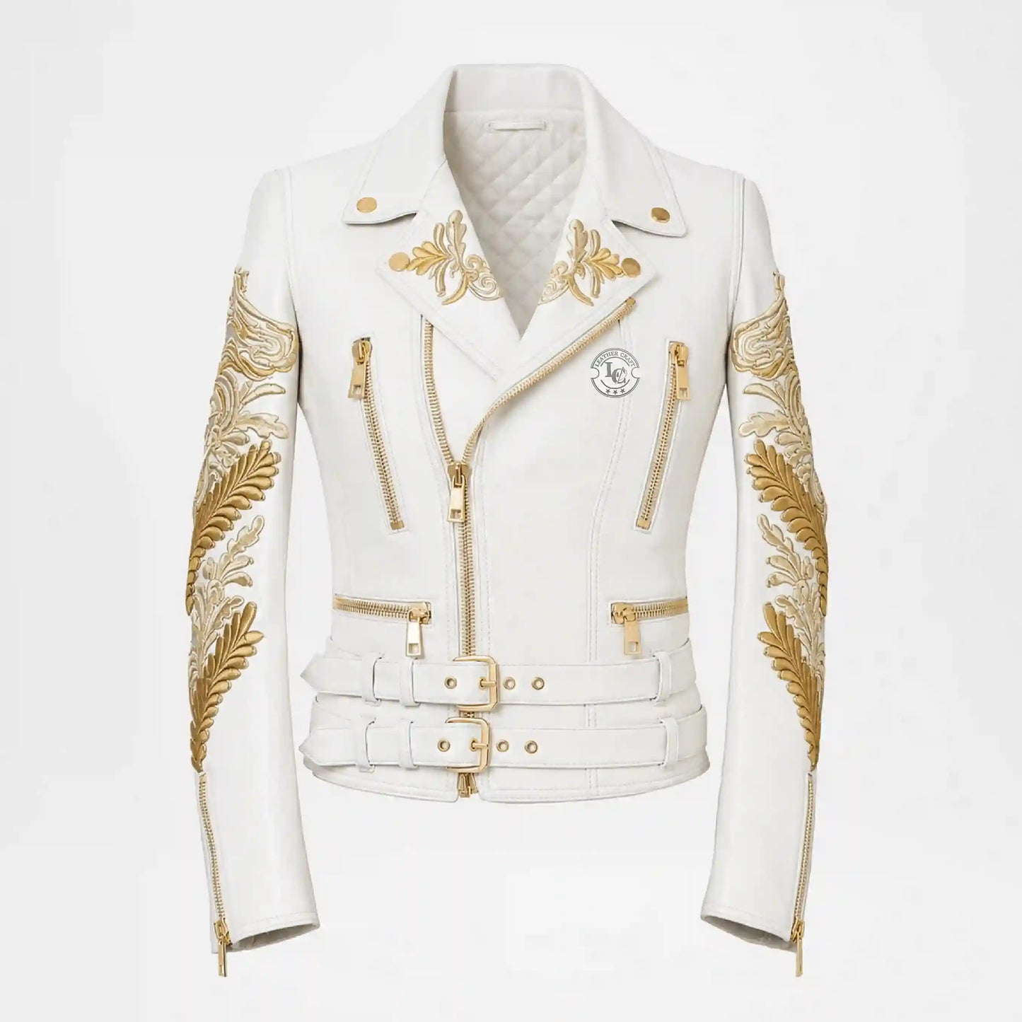 Gold Embroidered White Biker Jacket for Women