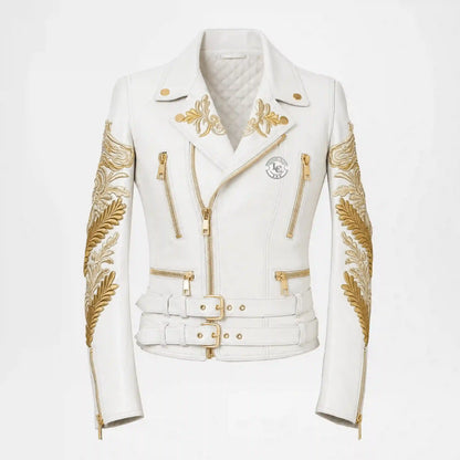 Gold Embroidered White Biker Jacket for Women