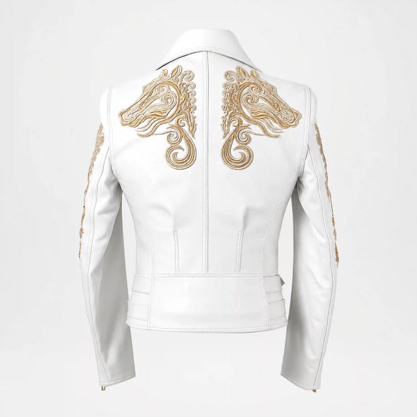 Gold Embroidered White Biker Jacket for Women