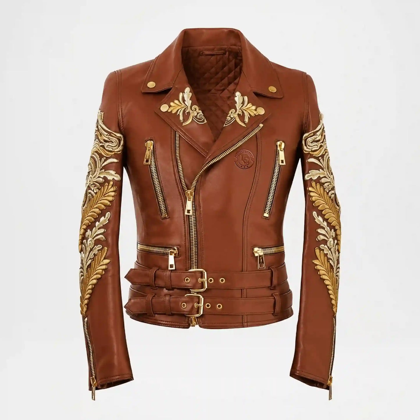Gold Embroidered Brown Biker Jacket for Women