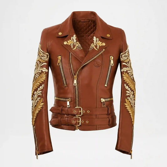 Gold Embroidered Brown Biker Jacket for Women