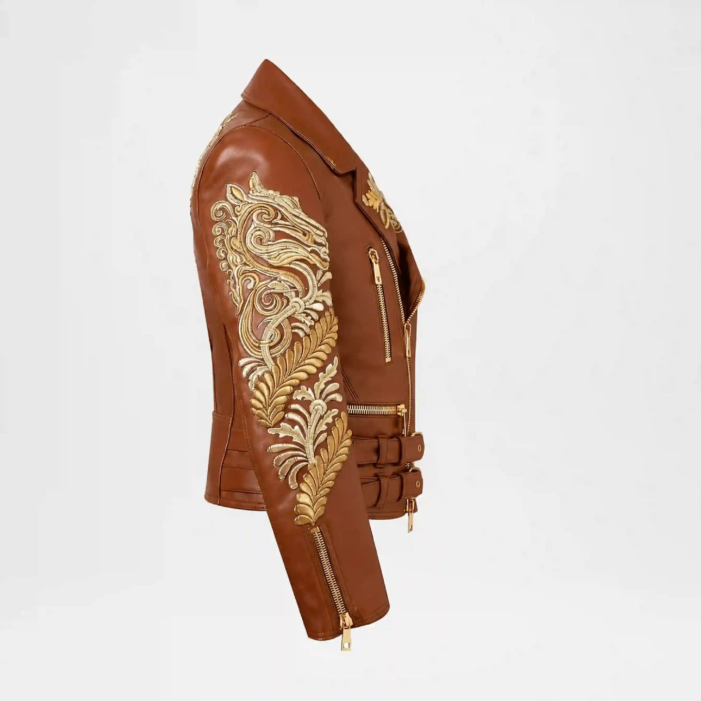 Gold Embroidered Brown Biker Jacket for Women