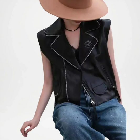 womens black leather moto vest grace style