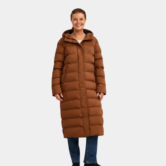 Brown Hooded Longline Puffer Jacket for Women