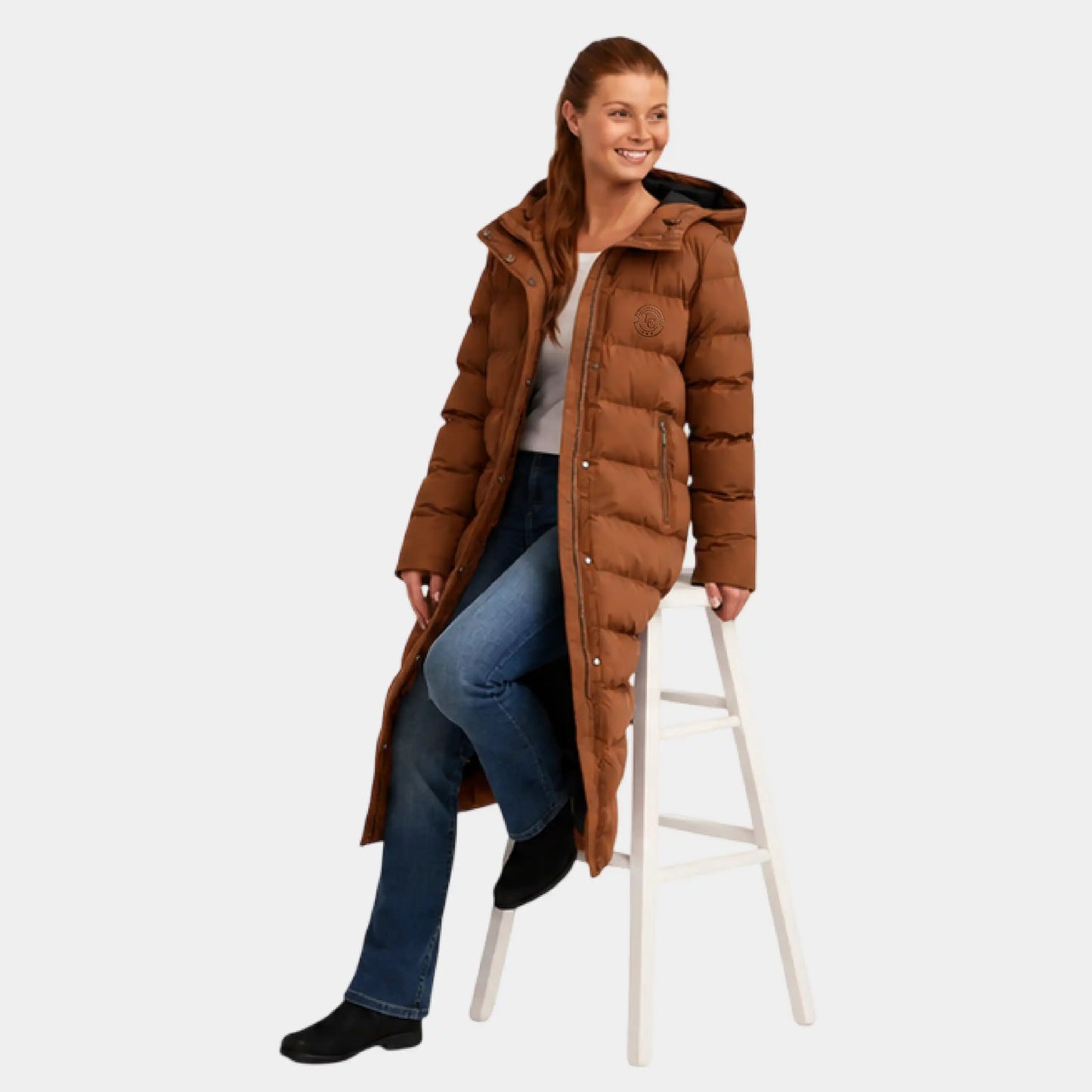 Brown Hooded Longline Puffer Jacket for Women