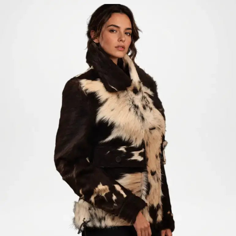 Woman wearing a black and white patterned coat with fur trim on a white background