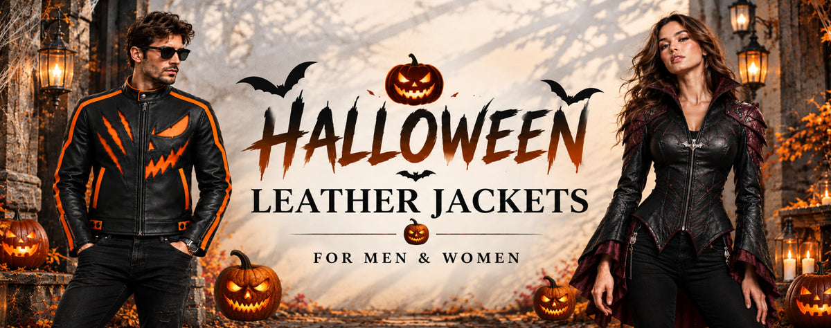 A promotional banner for Halloween leather jackets, featuring a man on the left in a black leather jacket with orange jack-o'-lantern graphics and a woman on the right in a black leather jacket with dark purple ruffle accents. The background depicts a spooky gothic street scene with lanterns, pumpkins, and the text 'HALLOWEEN LEATHER JACKETS FOR MEN & WOMEN'.