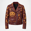 A burgundy faux leather motorcycle jacket with an all-over Halloween print featuring orange jack-o'-lanterns, ghosts, stars, and haunted houses, shown against a plain white background.