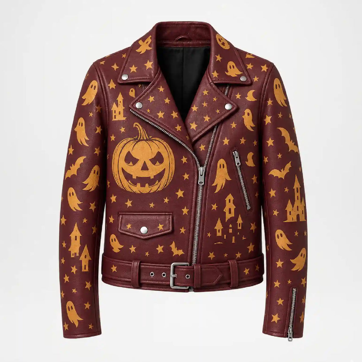 A burgundy faux leather motorcycle jacket with an all-over Halloween print featuring orange jack-o'-lanterns, ghosts, stars, and haunted houses, shown against a plain white background.